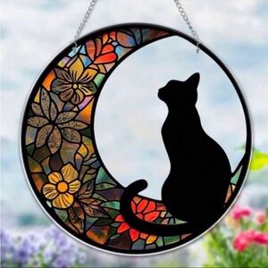 Black Cat Sitting On Floral Moon 2 Sided Acrylic Sun Catcher With Metal Chain
